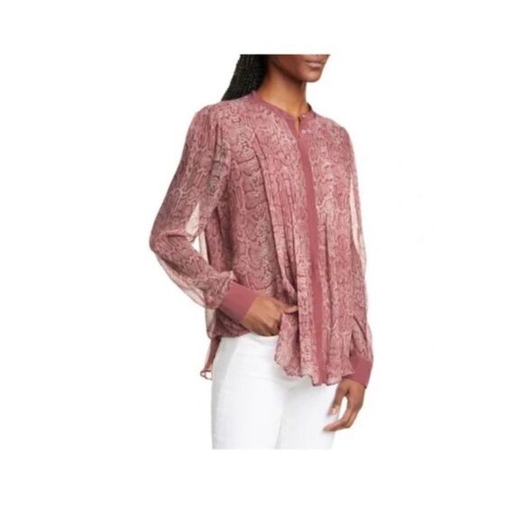 Joie Mauve Pink Tassa Pleated Snake Print Silk Long Sleeve Button Up Blouse - Picture 1 of 12